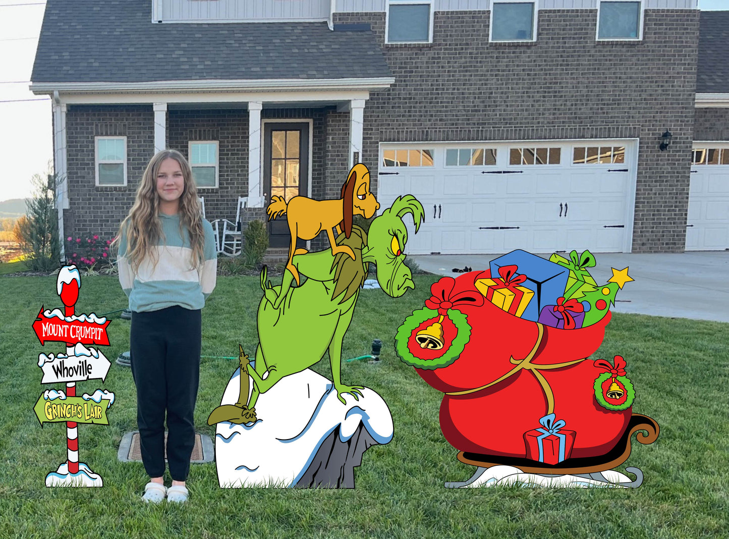 Huge 57" tall Cartoon Village Grump Dog and directional sign. Sturdy Christmas Display