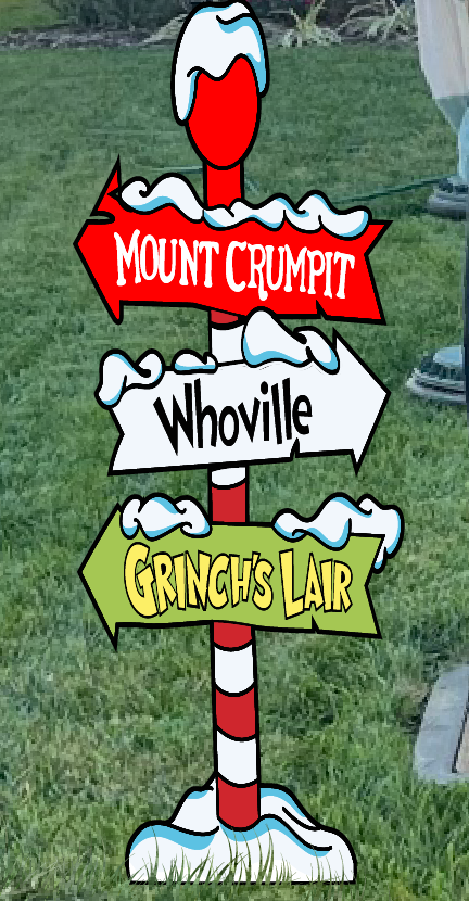 Huge 57" tall Cartoon Village Grump Dog and directional sign. Sturdy Christmas Display