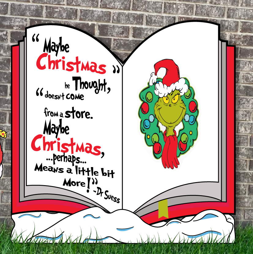 Whoville sign, Book and Grinch yard decorations