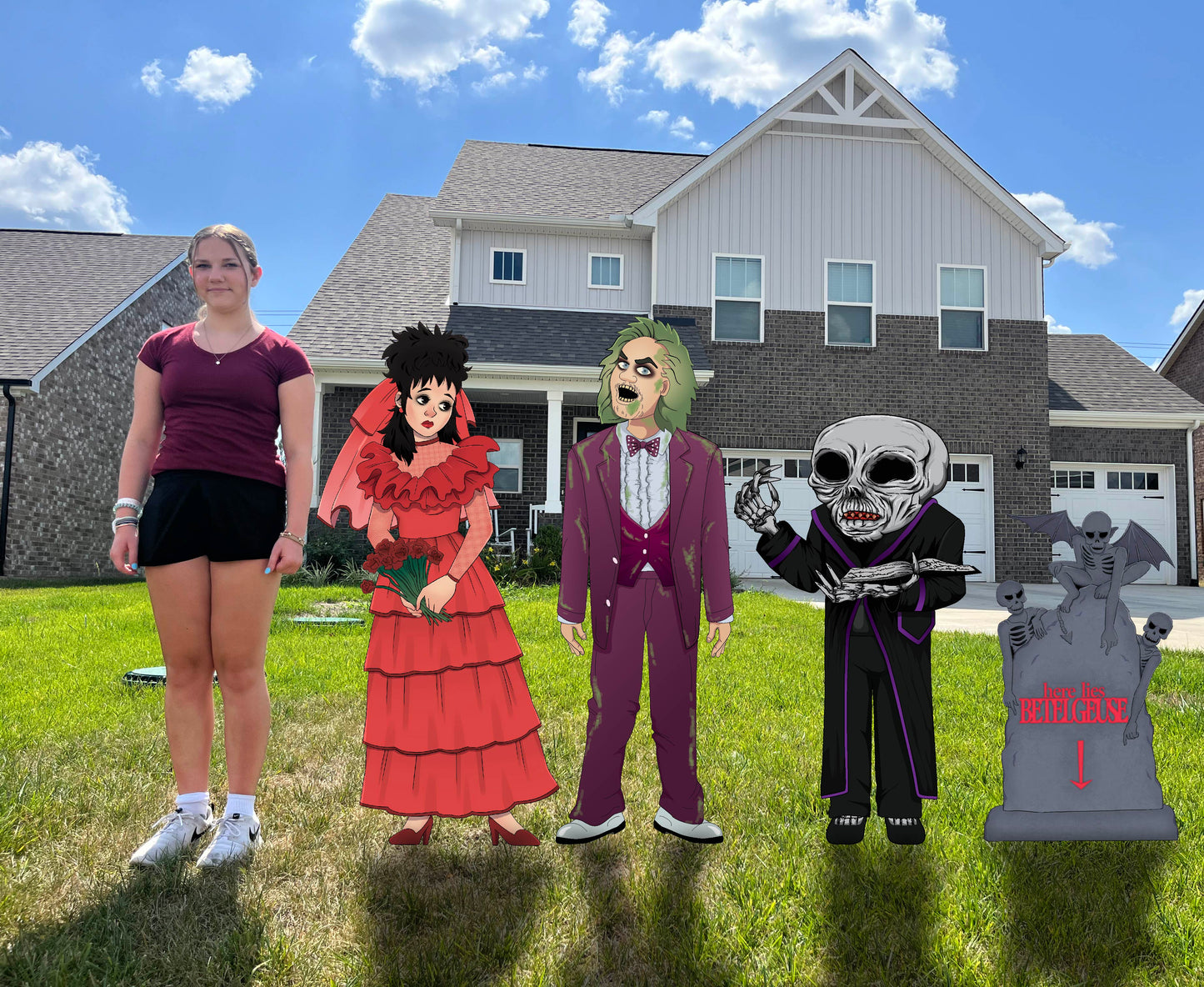 Beetleman with Lydia as the Bride, Grave marker and Judge. Outdoor thick PVC Halloween Display