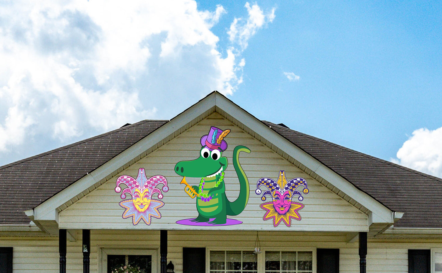 Mardi Gras House float set. Large almost 4 ft tall party Alligator & jester masks