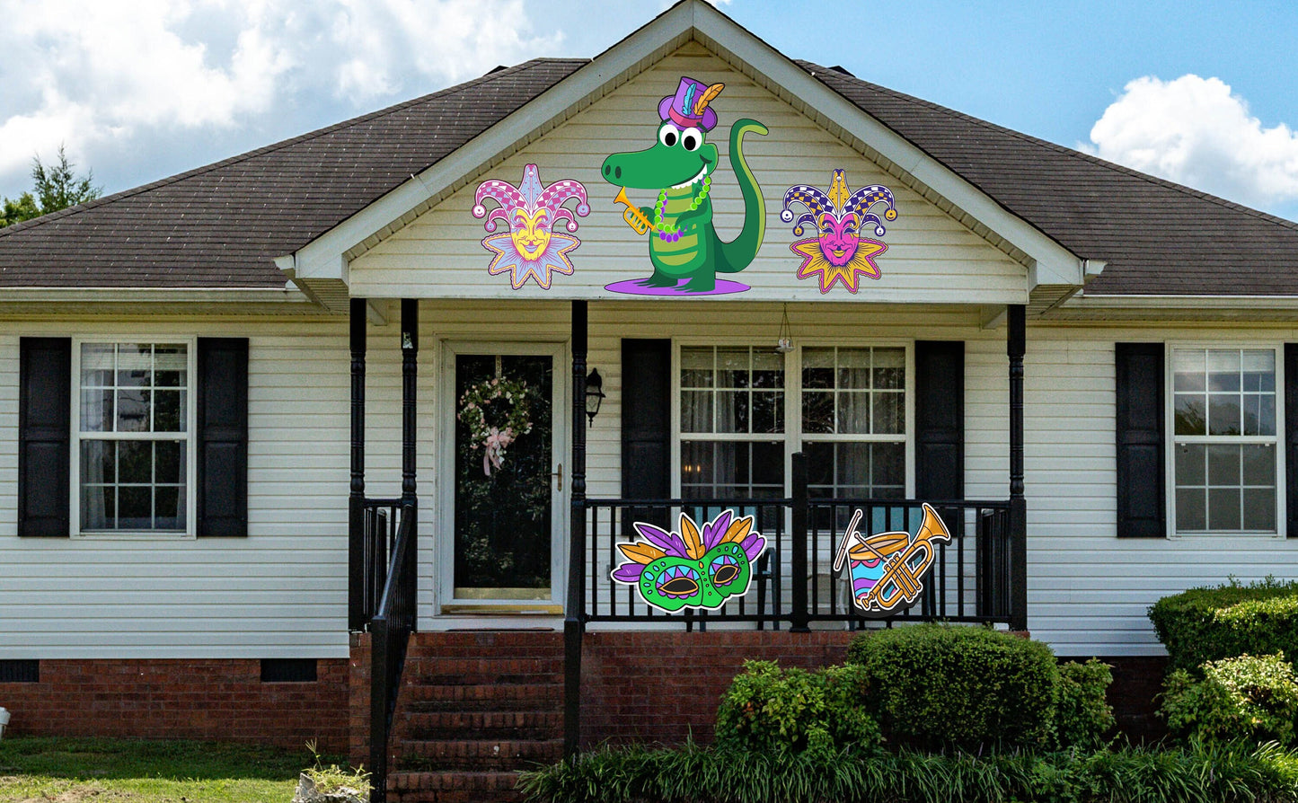 Mardi Gras House float set. Large almost 4 ft tall party Alligator & jester masks