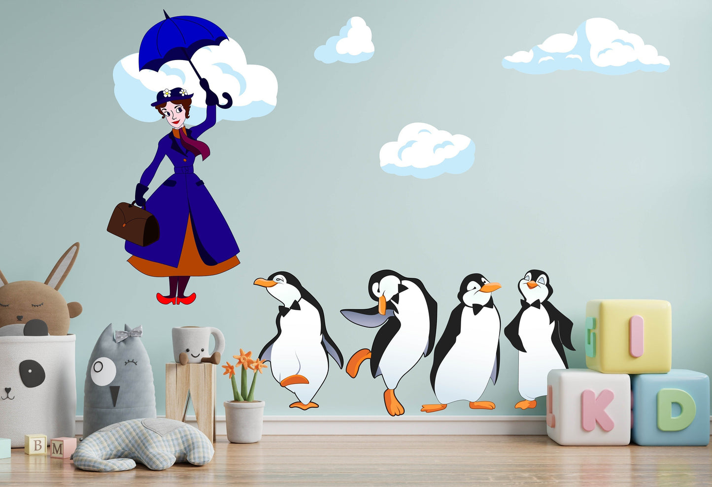 Mary and Penguins flying wall art set. Almost 4ft tall!